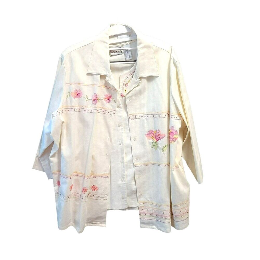 Napa Valley Womens 2pc Set Blazer With Top Egg Shell Size 1X Linen Blend Floral
